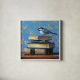 Early Bird Bookworm by Kate Jarvik Birch. Shown in a crisp white glass frame for a clean and minimalist style. Available as an archival giclee rolled canvas, fine art paper, or poster print. SKU 98604a.