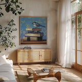 Early Bird Bookworm by Kate Jarvik Birch. Shown in a natural wood frame in a cozy modern living room. Available as an archival giclee rolled canvas, fine art paper, or poster print. SKU 98604a.