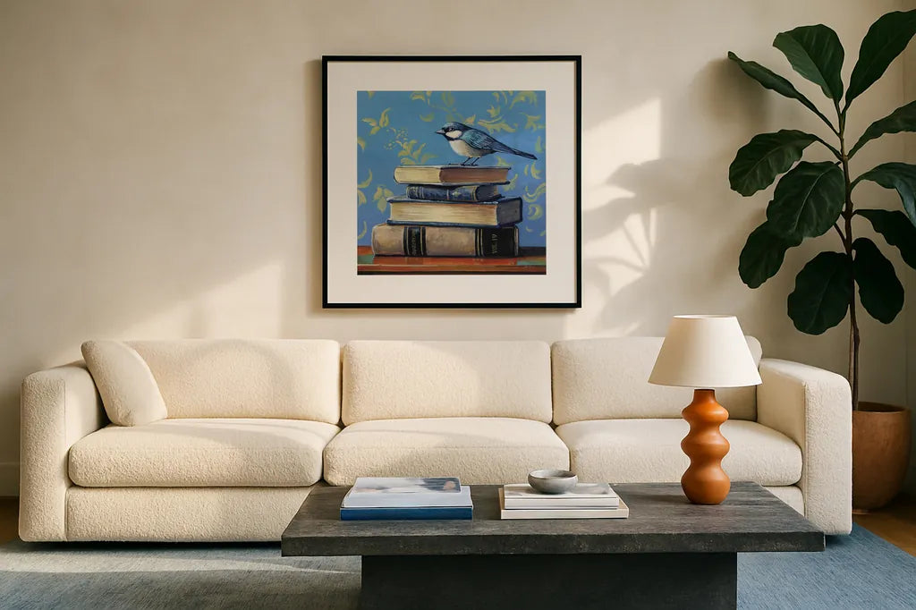 Early Bird Bookworm by Kate Jarvik Birch. Displayed in a glass frame with matte in a clean modern living room. Available as an archival giclee rolled canvas, fine art paper, or poster print. SKU 98604a.