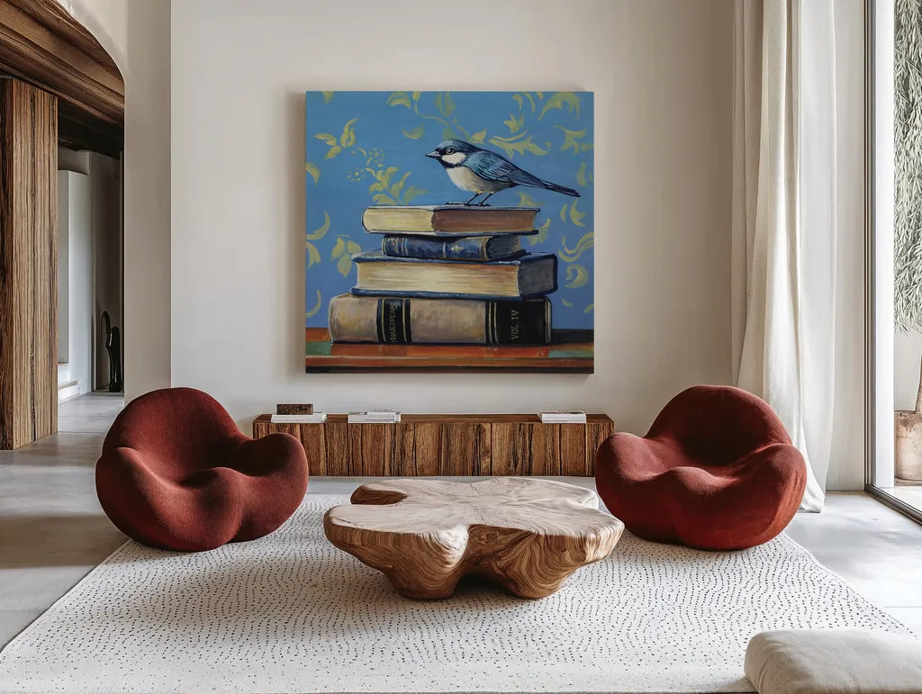 Early Bird Bookworm by Kate Jarvik Birch. Shown as extra-large giant wall art in a modern living room. Available as an archival giclee rolled canvas, fine art paper, or poster print. SKU 98604a.