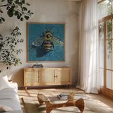 Eavesdropping Bee by Kate Jarvik Birch. Shown in a natural wood frame in a cozy modern living room. Available as an archival giclee rolled canvas, fine art paper, or poster print. SKU 98616a.