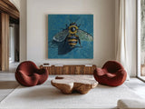 Eavesdropping Bee by Kate Jarvik Birch. Shown as extra-large giant wall art in a modern living room. Available as an archival giclee rolled canvas, fine art paper, or poster print. SKU 98616a.
