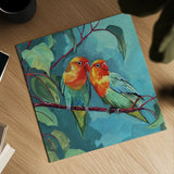 Feathered Friends by Kate Jarvik Birch. Shown as a detailed flat fine art print, highlighting archival giclee quality. Available as an archival giclee rolled canvas, fine art paper, or poster print. SKU 104945a.