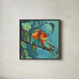 Feathered Friends by Kate Jarvik Birch. Shown in a sleek black glass frame for a contemporary gallery look. Available as an archival giclee rolled canvas, fine art paper, or poster print. SKU 104945a.