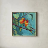 Feathered Friends by Kate Jarvik Birch. Shown in a natural wood glass frame for a timeless modern aesthetic. Available as an archival giclee rolled canvas, fine art paper, or poster print. SKU 104945a.
