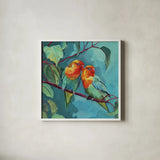 Feathered Friends by Kate Jarvik Birch. Shown in a crisp white glass frame for a clean and minimalist style. Available as an archival giclee rolled canvas, fine art paper, or poster print. SKU 104945a.