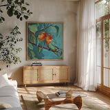 Feathered Friends by Kate Jarvik Birch. Shown in a natural wood frame in a cozy modern living room. Available as an archival giclee rolled canvas, fine art paper, or poster print. SKU 104945a.