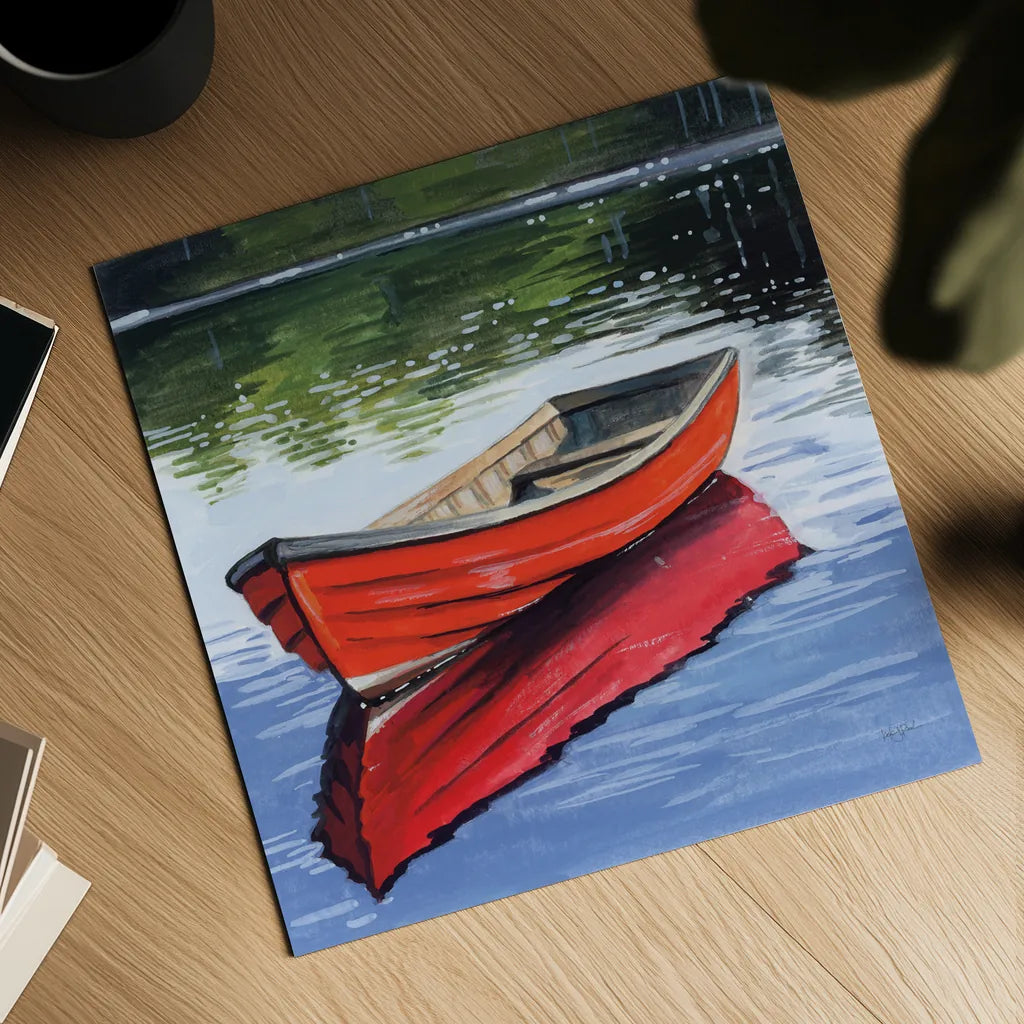 Fishing Boat on Still Water by Kate Jarvik Birch. Shown as a detailed flat fine art print, highlighting archival giclee quality. Available as an archival giclee rolled canvas, fine art paper, or poster print. SKU 98561a.