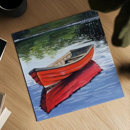 Fishing Boat on Still Water by Kate Jarvik Birch. Shown as a detailed flat fine art print, highlighting archival giclee quality. Available as an archival giclee rolled canvas, fine art paper, or poster print. SKU 98561a.