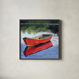 Fishing Boat on Still Water by Kate Jarvik Birch. Shown in a sleek black glass frame for a contemporary gallery look. Available as an archival giclee rolled canvas, fine art paper, or poster print. SKU 98561a.