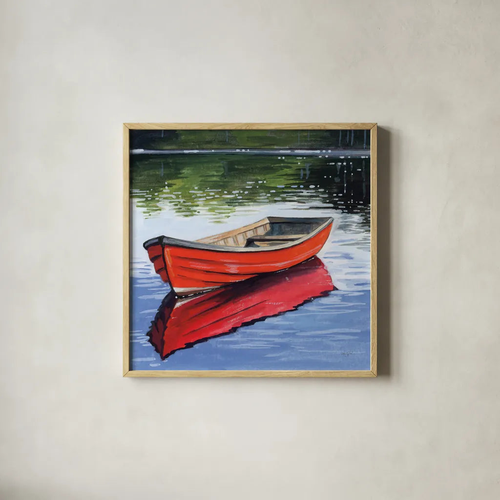 Fishing Boat on Still Water by Kate Jarvik Birch. Shown in a natural wood glass frame for a timeless modern aesthetic. Available as an archival giclee rolled canvas, fine art paper, or poster print. SKU 98561a.
