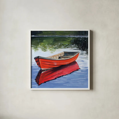 Fishing Boat on Still Water by Kate Jarvik Birch. Shown in a crisp white glass frame for a clean and minimalist style. Available as an archival giclee rolled canvas, fine art paper, or poster print. SKU 98561a.