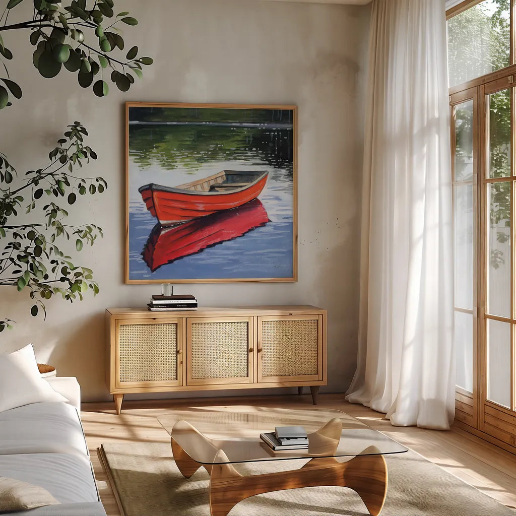 Fishing Boat on Still Water by Kate Jarvik Birch. Shown in a natural wood frame in a cozy modern living room. Available as an archival giclee rolled canvas, fine art paper, or poster print. SKU 98561a.