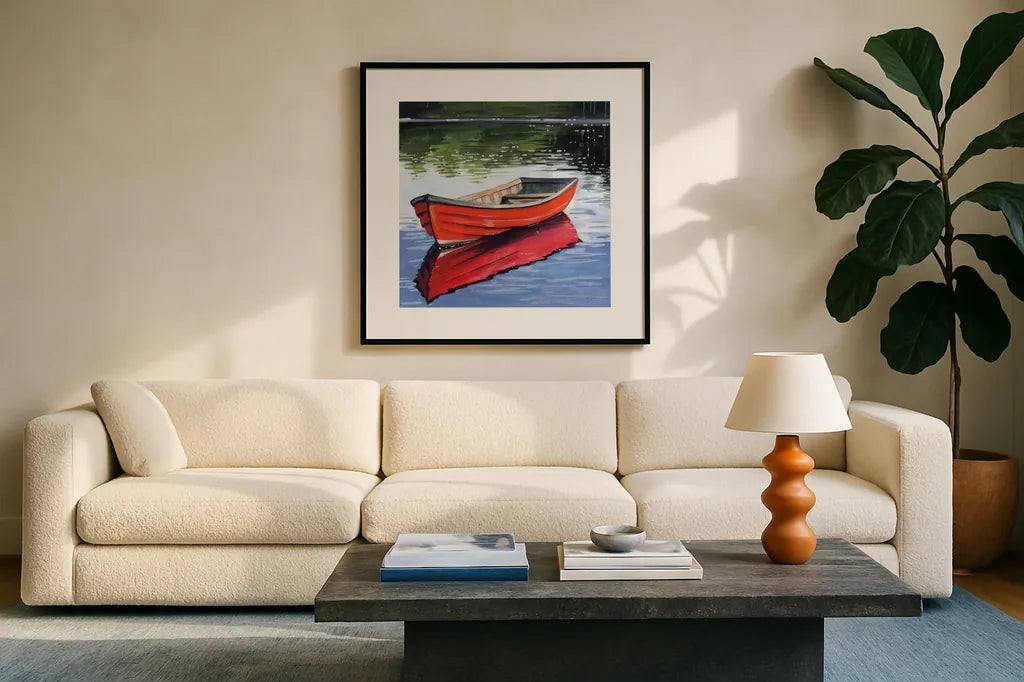 Fishing Boat on Still Water by Kate Jarvik Birch. Displayed in a glass frame with matte in a clean modern living room. Available as an archival giclee rolled canvas, fine art paper, or poster print. SKU 98561a.