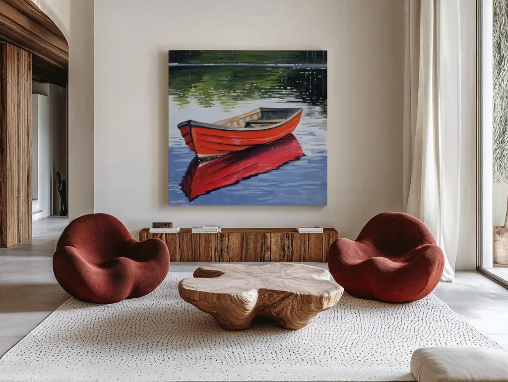 Fishing Boat on Still Water by Kate Jarvik Birch. Shown as extra-large giant wall art in a modern living room. Available as an archival giclee rolled canvas, fine art paper, or poster print. SKU 98561a.
