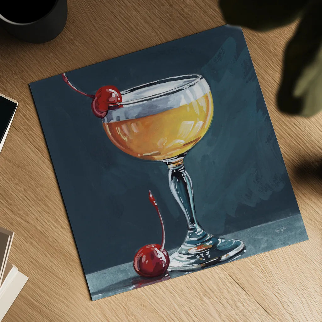 Fizzy Cocktail With Cherry by Kate Jarvik Birch. Shown as a detailed flat fine art print, highlighting archival giclee quality. Available as an archival giclee rolled canvas, fine art paper, or poster print. SKU 101987a.