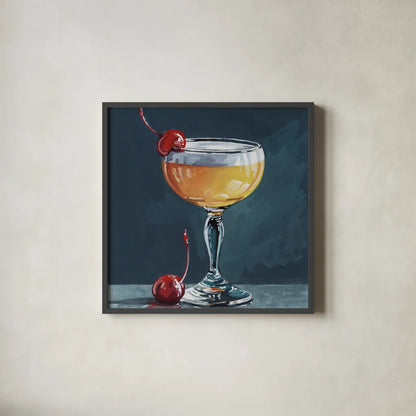 Fizzy Cocktail With Cherry by Kate Jarvik Birch. Shown in a sleek black glass frame for a contemporary gallery look. Available as an archival giclee rolled canvas, fine art paper, or poster print. SKU 101987a.