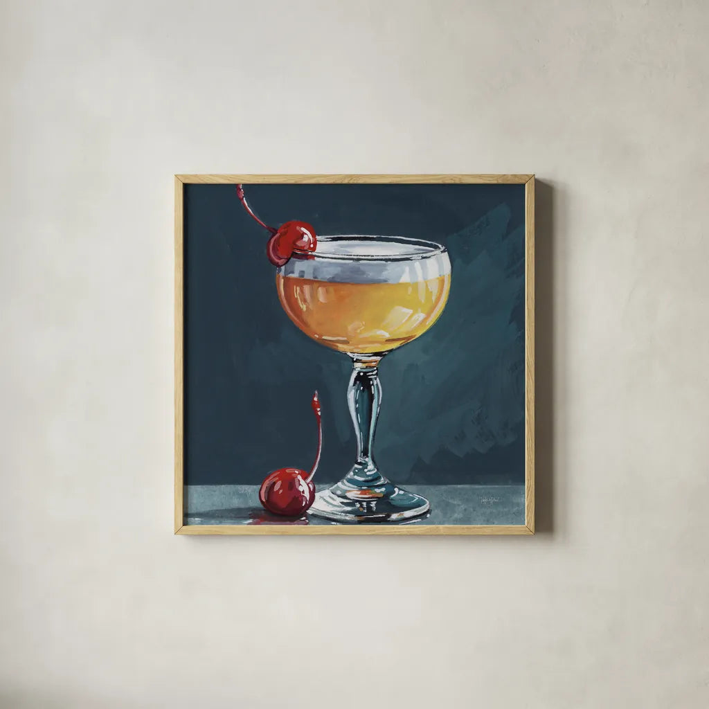 Fizzy Cocktail With Cherry by Kate Jarvik Birch. Shown in a natural wood glass frame for a timeless modern aesthetic. Available as an archival giclee rolled canvas, fine art paper, or poster print. SKU 101987a.