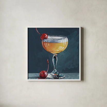 Fizzy Cocktail With Cherry by Kate Jarvik Birch. Shown in a crisp white glass frame for a clean and minimalist style. Available as an archival giclee rolled canvas, fine art paper, or poster print. SKU 101987a.