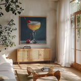 Fizzy Cocktail With Cherry by Kate Jarvik Birch. Shown in a natural wood frame in a cozy modern living room. Available as an archival giclee rolled canvas, fine art paper, or poster print. SKU 101987a.