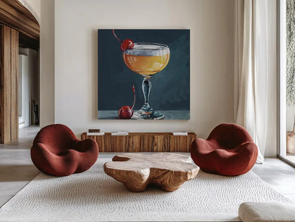 Fizzy Cocktail With Cherry by Kate Jarvik Birch. Shown as extra-large giant wall art in a modern living room. Available as an archival giclee rolled canvas, fine art paper, or poster print. SKU 101987a.