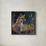 Fox In The Morning Glow by Kate Jarvik Birch. Shown in a sleek black glass frame for a contemporary gallery look. Available as an archival giclee rolled canvas, fine art paper, or poster print. SKU 102908a.