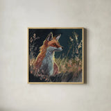 Fox In The Morning Glow by Kate Jarvik Birch. Shown in a natural wood glass frame for a timeless modern aesthetic. Available as an archival giclee rolled canvas, fine art paper, or poster print. SKU 102908a.
