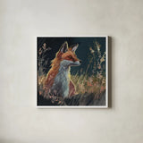 Fox In The Morning Glow by Kate Jarvik Birch. Shown in a crisp white glass frame for a clean and minimalist style. Available as an archival giclee rolled canvas, fine art paper, or poster print. SKU 102908a.