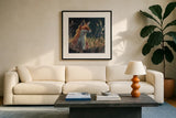 Fox In The Morning Glow by Kate Jarvik Birch. Displayed in a glass frame with matte in a clean modern living room. Available as an archival giclee rolled canvas, fine art paper, or poster print. SKU 102908a.