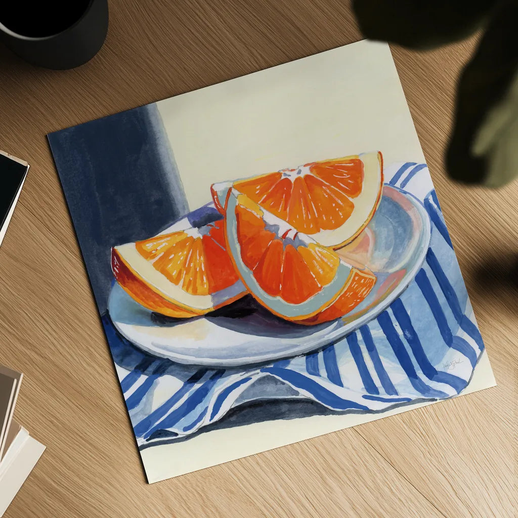 Fresh Cut Citris on Linen by Kate Jarvik Birch. Shown as a detailed flat fine art print, highlighting archival giclee quality. Available as an archival giclee rolled canvas, fine art paper, or poster print. SKU 99741a.