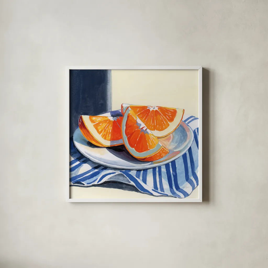 Fresh Cut Citris on Linen by Kate Jarvik Birch. Shown in a crisp white glass frame for a clean and minimalist style. Available as an archival giclee rolled canvas, fine art paper, or poster print. SKU 99741a.
