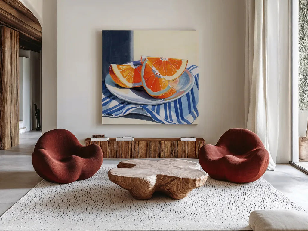 Fresh Cut Citris on Linen by Kate Jarvik Birch. Shown as extra-large giant wall art in a modern living room. Available as an archival giclee rolled canvas, fine art paper, or poster print. SKU 99741a.