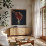 Fresh From The Hive by Kate Jarvik Birch. Shown in a natural wood frame in a cozy modern living room. Available as an archival giclee rolled canvas, fine art paper, or poster print. SKU 102967a.