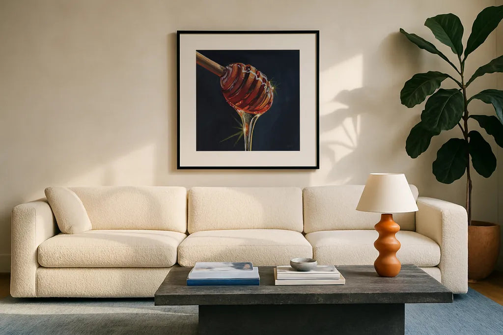 Fresh From The Hive by Kate Jarvik Birch. Displayed in a glass frame with matte in a clean modern living room. Available as an archival giclee rolled canvas, fine art paper, or poster print. SKU 102967a.