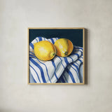 Fresh Kitchen Lemons by Kate Jarvik Birch. Shown in a natural wood glass frame for a timeless modern aesthetic. Available as an archival giclee rolled canvas, fine art paper, or poster print. SKU 98562a.