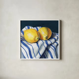 Fresh Kitchen Lemons by Kate Jarvik Birch. Shown in a crisp white glass frame for a clean and minimalist style. Available as an archival giclee rolled canvas, fine art paper, or poster print. SKU 98562a.