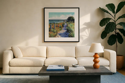 Fresh Ocean Air by Kate Jarvik Birch. Displayed in a glass frame with matte in a clean modern living room. Available as an archival giclee rolled canvas, fine art paper, or poster print. SKU 99768a.
