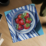 Fresh Picked Kitchen Strawberries by Kate Jarvik Birch. Shown as a detailed flat fine art print, highlighting archival giclee quality. Available as an archival giclee rolled canvas, fine art paper, or poster print. SKU 98592a.
