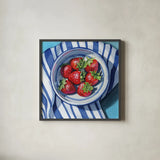 Fresh Picked Kitchen Strawberries by Kate Jarvik Birch. Shown in a sleek black glass frame for a contemporary gallery look. Available as an archival giclee rolled canvas, fine art paper, or poster print. SKU 98592a.