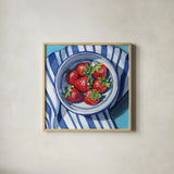 Fresh Picked Kitchen Strawberries by Kate Jarvik Birch. Shown in a natural wood glass frame for a timeless modern aesthetic. Available as an archival giclee rolled canvas, fine art paper, or poster print. SKU 98592a.