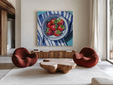 Fresh Picked Kitchen Strawberries by Kate Jarvik Birch. Shown as extra-large giant wall art in a modern living room. Available as an archival giclee rolled canvas, fine art paper, or poster print. SKU 98592a.