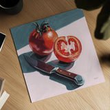 Fresh Sliced Tomato by Kate Jarvik Birch. Shown as a detailed flat fine art print, highlighting archival giclee quality. Available as an archival giclee rolled canvas, fine art paper, or poster print. SKU 100953a.
