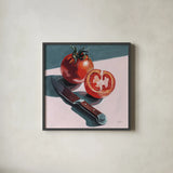 Fresh Sliced Tomato by Kate Jarvik Birch. Shown in a sleek black glass frame for a contemporary gallery look. Available as an archival giclee rolled canvas, fine art paper, or poster print. SKU 100953a.