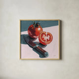 Fresh Sliced Tomato by Kate Jarvik Birch. Shown in a natural wood glass frame for a timeless modern aesthetic. Available as an archival giclee rolled canvas, fine art paper, or poster print. SKU 100953a.
