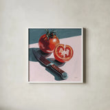 Fresh Sliced Tomato by Kate Jarvik Birch. Shown in a crisp white glass frame for a clean and minimalist style. Available as an archival giclee rolled canvas, fine art paper, or poster print. SKU 100953a.