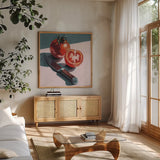 Fresh Sliced Tomato by Kate Jarvik Birch. Shown in a natural wood frame in a cozy modern living room. Available as an archival giclee rolled canvas, fine art paper, or poster print. SKU 100953a.