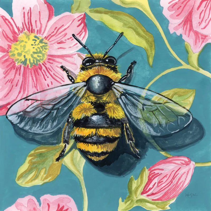 Fuzzy Bee on Floral Wall by Kate Jarvik Birch. SKU 98563a. Archival Giclee Fine art print for wall decor.