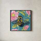 Fuzzy Bee on Floral Wall by Kate Jarvik Birch. Shown in a sleek black glass frame for a contemporary gallery look. Available as an archival giclee rolled canvas, fine art paper, or poster print. SKU 98563a.