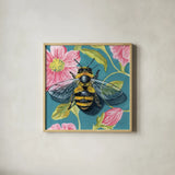 Fuzzy Bee on Floral Wall by Kate Jarvik Birch. Shown in a natural wood glass frame for a timeless modern aesthetic. Available as an archival giclee rolled canvas, fine art paper, or poster print. SKU 98563a.