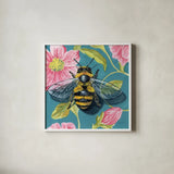 Fuzzy Bee on Floral Wall by Kate Jarvik Birch. Shown in a crisp white glass frame for a clean and minimalist style. Available as an archival giclee rolled canvas, fine art paper, or poster print. SKU 98563a.